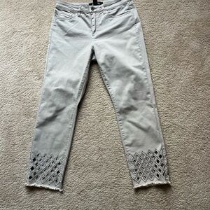 Joseph Ribkoff Jeans Pants Womens 12 Tan Cropped Rhinestones Cutout Raw Hem